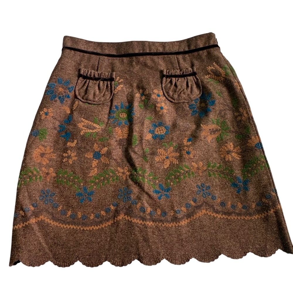 Beau Bois Brown Wool Blend Embroidered Scalloped A-Line Skirt Size M Made in USA